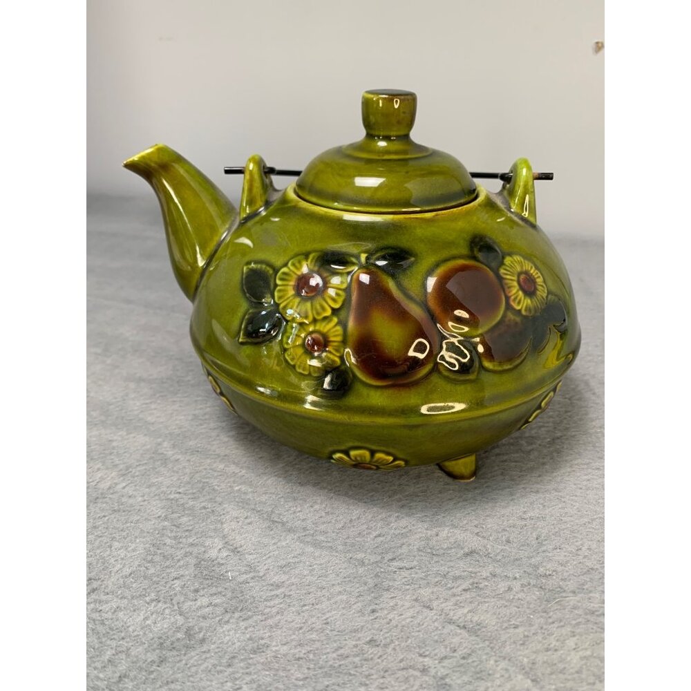 Vintage Green Ceramic Teapot with Floral Relief & Wire Handle 1970s